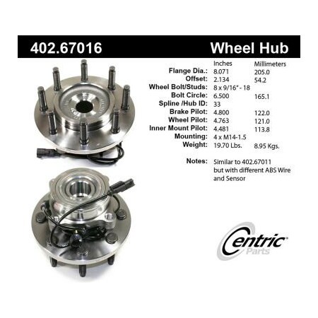 Centric C-Tek Standard Hub and Bearing Assembly; With Integral ABS, C-Tek 402.67016E 402.67016E